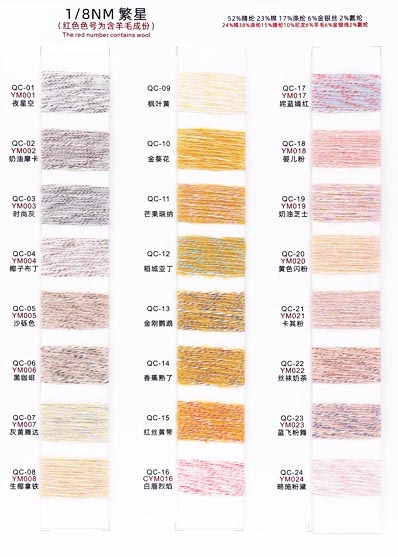 1 / 8NM Starlight (fényes többszínű bársony) 52% akril 23% Pamut 17% poliészter 6% Arany ezüst selyem 2% Spandex